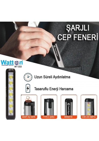 Type-C Girişli Mıknatıslı Şarjlı Cep Feneri WT-333 indirimleri
