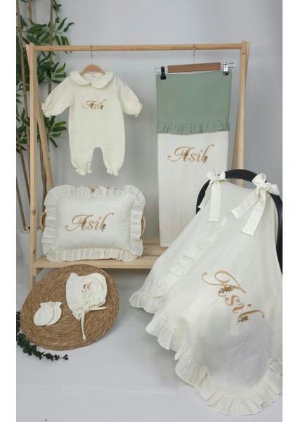 Müslin Yeni Doğan 4katlı Organik %100PAMUK Kişiye Özgü Nakışlı Hastane Çıkış Seti (Papatya Model-3)