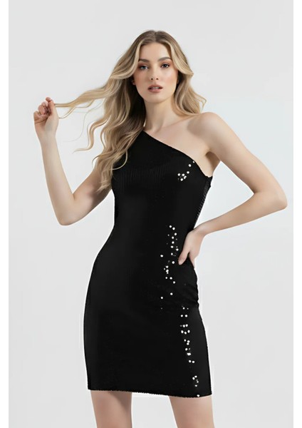 Nicole | Payetli Kadife Tek Omuz Asimetrik Yaka Mini Slim Abiye Elbise - Siyah