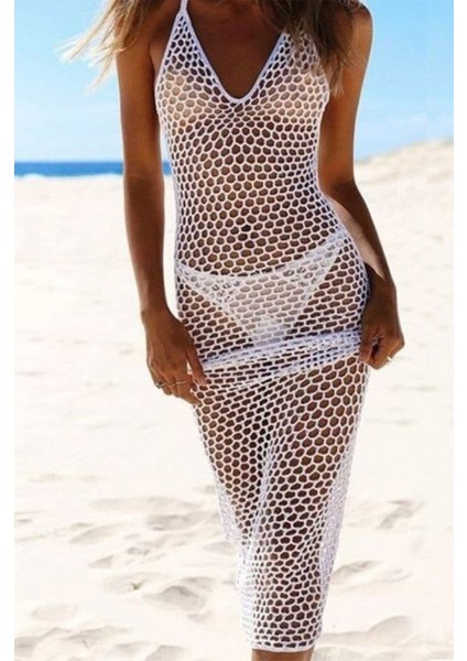 Kadın File Desen Tam Boy Askılı Triko Pareo modelleri