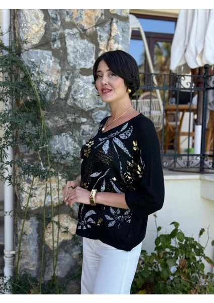 LS7514 Italyan Yaprak Desen Triko Bluz Siyah