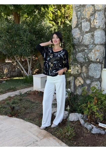 LS7514 Italyan Yaprak Desen Triko Bluz Siyah fiyatları