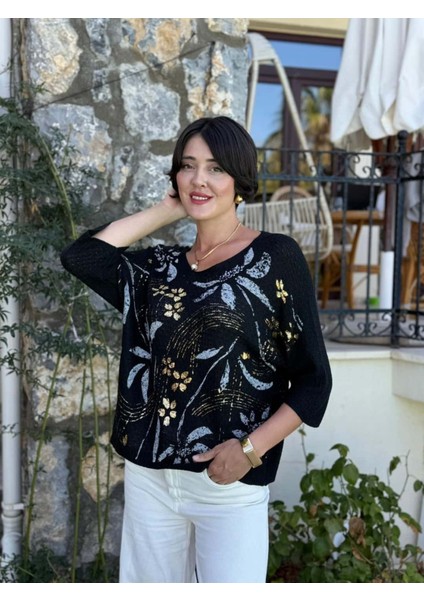 LS7514 Italyan Yaprak Desen Triko Bluz Siyah modelleri