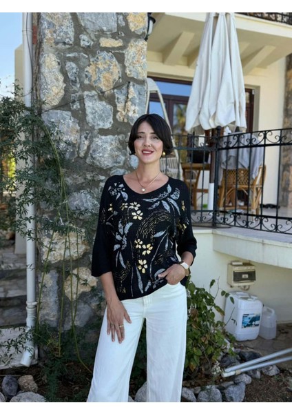 LS7514 Italyan Yaprak Desen Triko Bluz Siyah