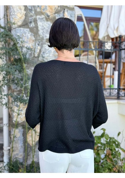 LS7514 Italyan Yaprak Desen Triko Bluz Siyah