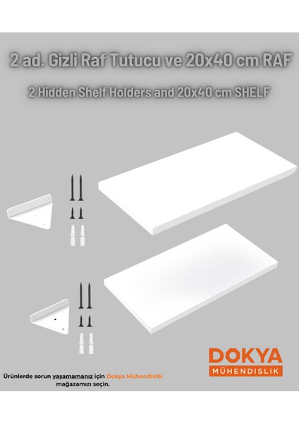 2'li Beyaz Gizli Duvar Rafı Askı Aparatı ve 20X40 cm Beyaz Mdf