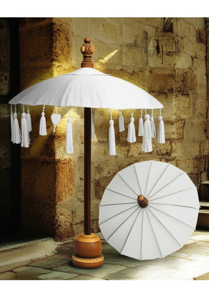 Bali Şemsiye El Yapımı Otantik Dekoratif Masa Şemsiyesi Beyaz Tül Detaylı Bali Şemsiye Standlı
