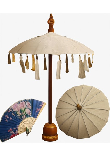 Bali Şemsiye El Yapımı Otantik Dekoratif Masa Şemsiyesi Beyaz Tül Detaylı Bali Şemsiye Standlı modelleri