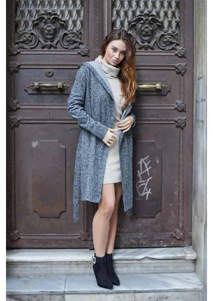 Kışlık Yün Jakarlı Kapşonlu Uzun Kol Anvelop Kruvaze Bağcıklı Hırka Kaban -Antrasit Kumlama