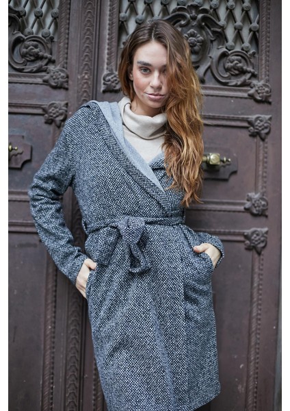 Kışlık Yün Jakarlı Kapşonlu Uzun Kol Anvelop Kruvaze Bağcıklı Hırka Kaban -Antrasit Kumlama