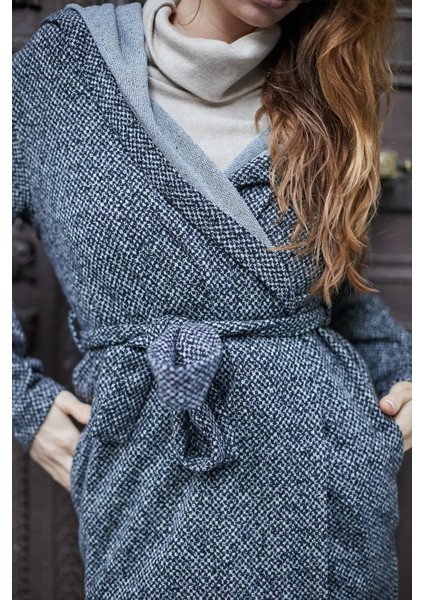 Kışlık Yün Jakarlı Kapşonlu Uzun Kol Anvelop Kruvaze Bağcıklı Hırka Kaban -Antrasit Kumlama