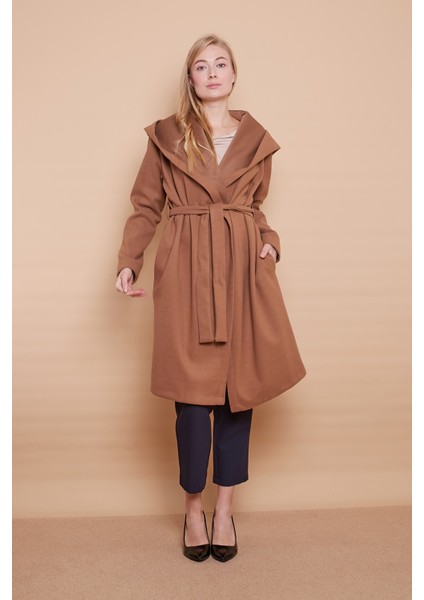 Kaşe Kapşonlu Uzun Kol Anvelop Kruvaze Bağcıklı Cepli Kaban-Camel