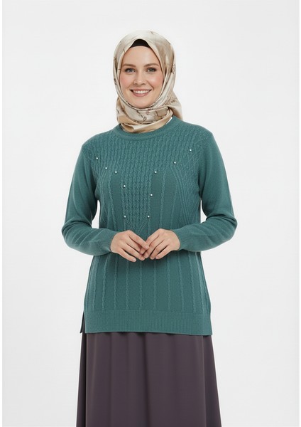 Kadın Kışlık Triko Kazak Bisiklet Yaka Boncuklu Rahat Tam Kalıp