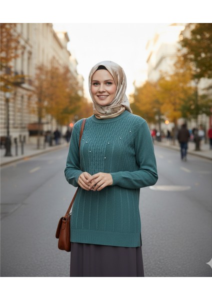 Kadın Kışlık Triko Kazak Bisiklet Yaka Boncuklu Rahat Tam Kalıp fiyatları