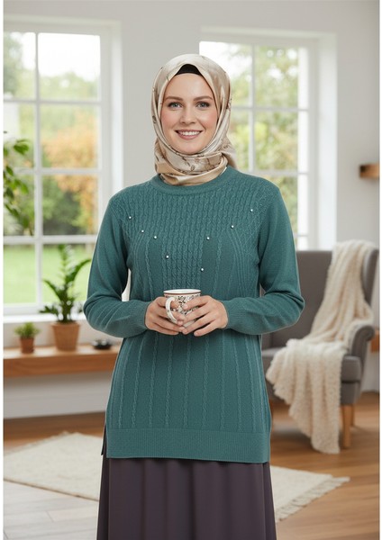 Kadın Kışlık Triko Kazak Bisiklet Yaka Boncuklu Rahat Tam Kalıp modelleri