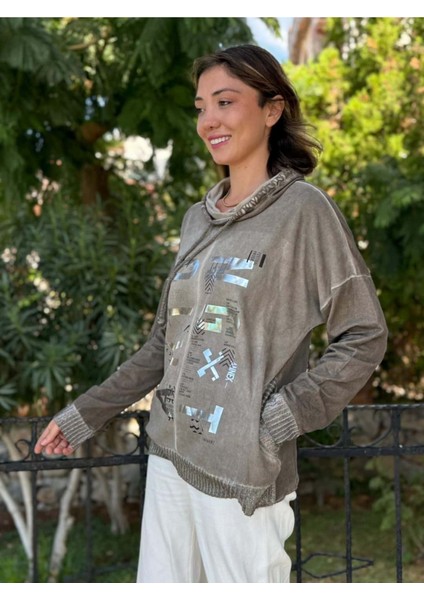 NC53050D Italyan Yazı Baskılı Cepli Kapüşonlu Coton Sweatshirt Vizon fırsatları