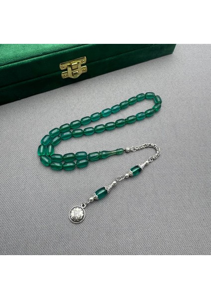 Alpaka Püsküllü Yeşil Renk Kapsül Kesim Sıkma Kehribar Tespih