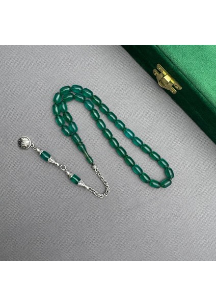 Alpaka Püsküllü Yeşil Renk Kapsül Kesim Sıkma Kehribar Tespih fiyatları