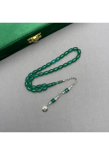 Alpaka Püsküllü Yeşil Renk Kapsül Kesim Sıkma Kehribar Tespih modelleri