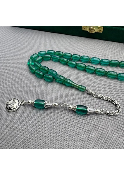 Alpaka Püsküllü Yeşil Renk Kapsül Kesim Sıkma Kehribar Tespih fırsatları