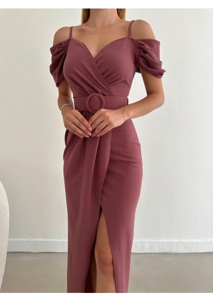 Düşük Omuz Yırtmaçlı Kemerli Elbise 582134 Gülkurusu fırsatları