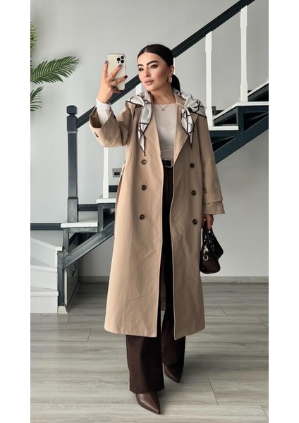 Taş Çıkarılabilir Şal Aksesuarlı Premium Trençkot