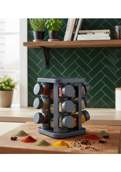 12’li Döner Standlı Cam Baharatlık Seti – Şık ve Pratik Tasarım