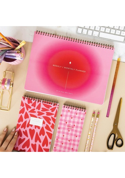 A4 Haftalık ve Günlük 3 Lü Masaüstü Süresiz Planlayıcı Set - Aura/kalp