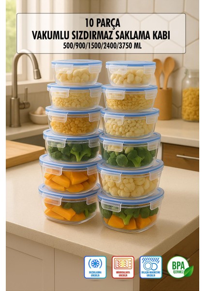 Kare 10 Parça Contalı Vakumlu Sızdırmaz Hava Almaz Saklama Kabı Seti 2X(3750/2400/1500/900/500 Ml)