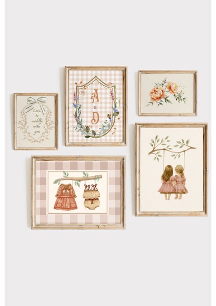 Vintage Iki Kız Kardeş Temalı Çerçeveli Bebek ve Çocuk Odası Dekorasyon Set