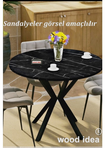 Yemek- Salon - Mutfak ve Balkon Masası Ahtapot Ayaklı Yuvarlak 90X90 Siyah Mermer Desen