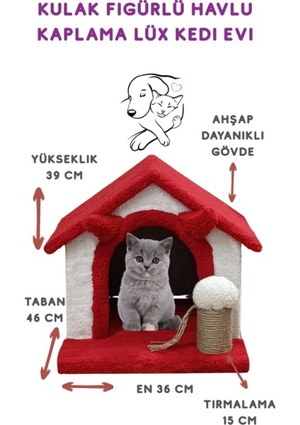 Kedi Ev Kulak Figürlü Oyun Evi Tırmalama Pufu Kırmızı 39 cm