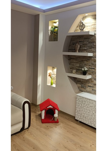 Kedi Ev Kulak Figürlü Oyun Evi Tırmalama Pufu Kırmızı 39 cm modelleri
