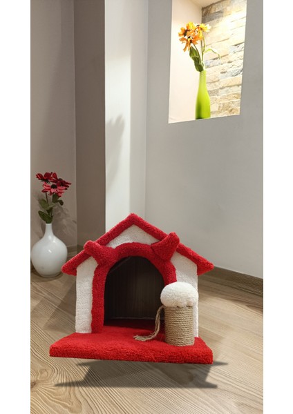 Kedi Ev Kulak Figürlü Oyun Evi Tırmalama Pufu Kırmızı 39 cm fırsatları