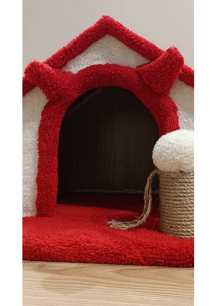 Kedi Ev Kulak Figürlü Oyun Evi Tırmalama Pufu Kırmızı 39 cm indirimleri
