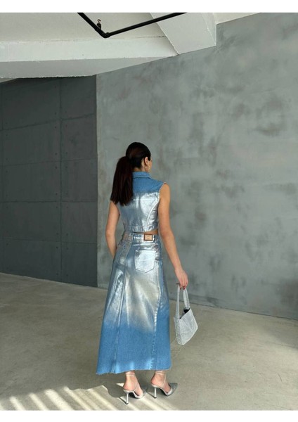 Gümüş Varaklı Crop Kot Yelek ve Önden Yırtmaçlı Varaklı Kot Etek Takımı indirimleri