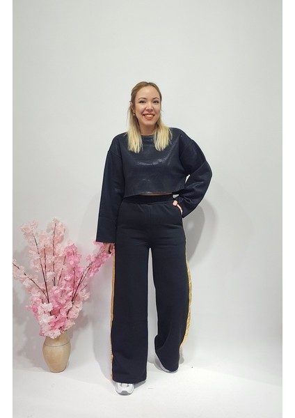Yeni Sezon Beyaz Varaklı Crop Sweatshirt - Pantolon Eşofman Alt Üst Takım