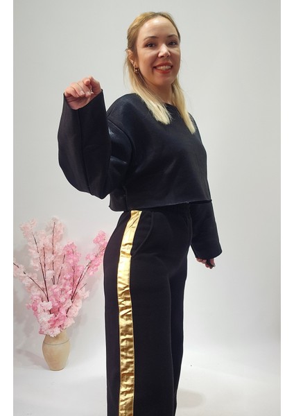 Yeni Sezon Beyaz Varaklı Crop Sweatshirt - Pantolon Eşofman Alt Üst Takım modelleri