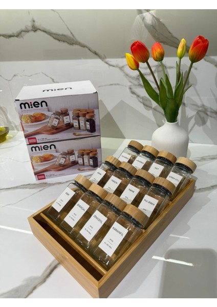 7119008-MIEN 12’li Cam Baharat Seti MIEN-1455 Bambu Kapaklı Organizer Standlı fiyatları