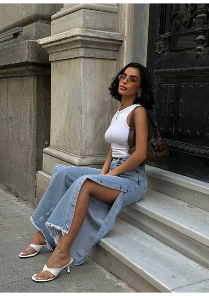 Pinterest Tasarım Yanı Çıt Çıt Detaylı Bol Paça Kot Pantolon