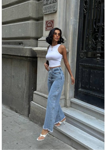 Pinterest Tasarım Yanı Çıt Çıt Detaylı Bol Paça Kot Pantolon fırsatları