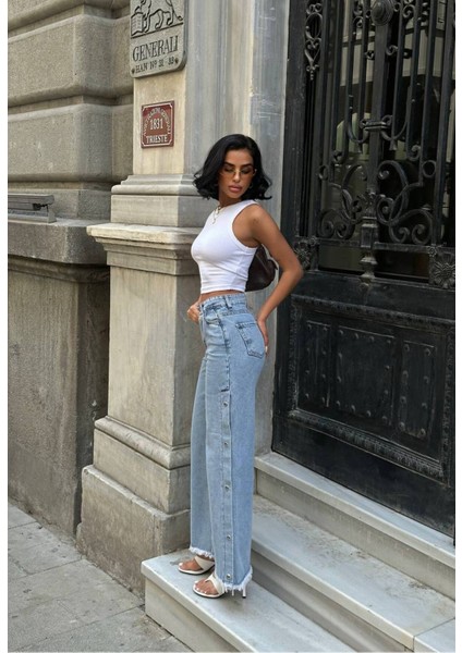 Pinterest Tasarım Yanı Çıt Çıt Detaylı Bol Paça Kot Pantolon indirimleri