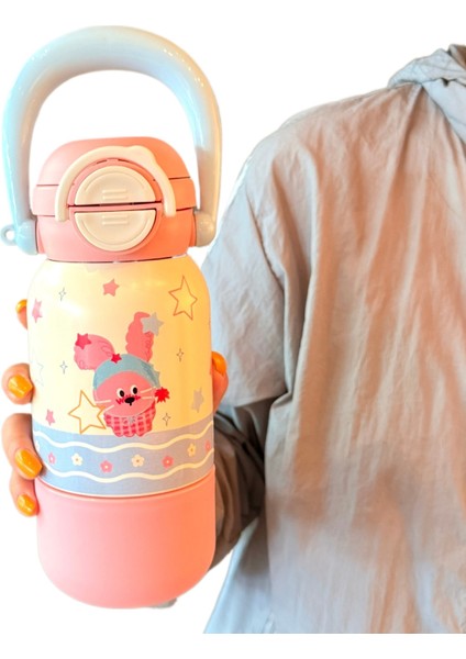 Yüksek Görünümlü Kız Taşınabilir Üç Içecek Termos Bardak 316 Paslanmaz Çelik Öğrenci Niş Çarpışmayan Karikatür Pipetli Bardak (Yurt Dışından)