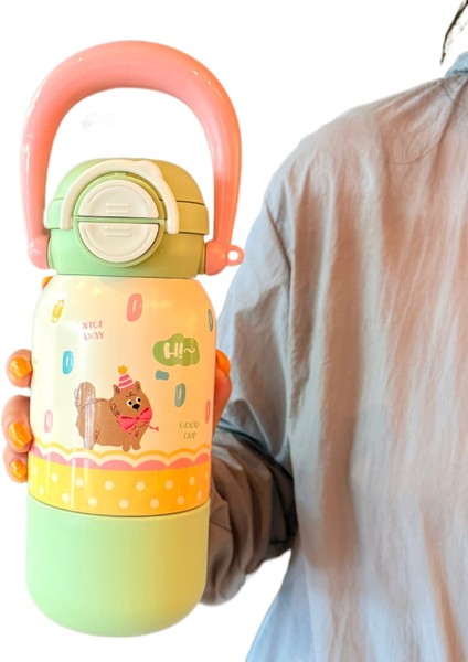 Yüksek Görünümlü Kız Taşınabilir Üç Içecek Termos Bardak 316 Paslanmaz Çelik Öğrenci Niş Çarpışmayan Karikatür Pipetli Bardak (Yurt Dışından)