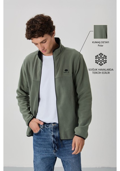 Çağla Yazı Nakışlı Dik Yaka Fermuarlı Standart Kalıp Erkek Sweatshirt Polar - 87992