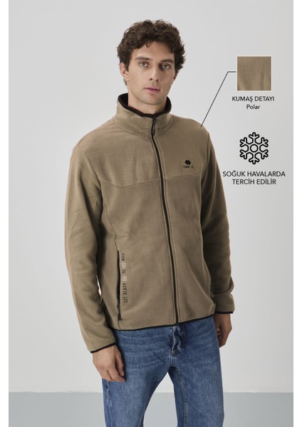 Camel Yazı Nakışlı Dik Yaka Fermuarlı Standart Kalıp Erkek Sweatshirt Polar - 87992