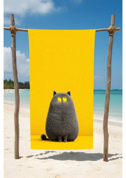 Tombik Kedi Baskılı Pamuk Plaj Havlusu – Desenli Tasarım – 75X150 cm