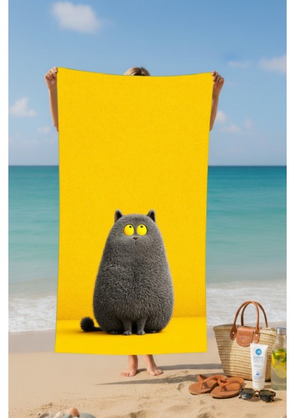 Tombik Kedi Baskılı Pamuk Plaj Havlusu – Desenli Tasarım – 75X150 cm fiyatları