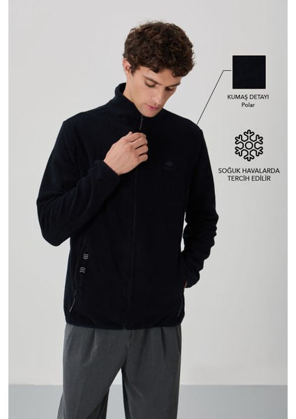 Lacivert Yazı Nakışlı Dik Yaka Fermuarlı Standart Kalıp Erkek Sweatshirt Polar - 87992