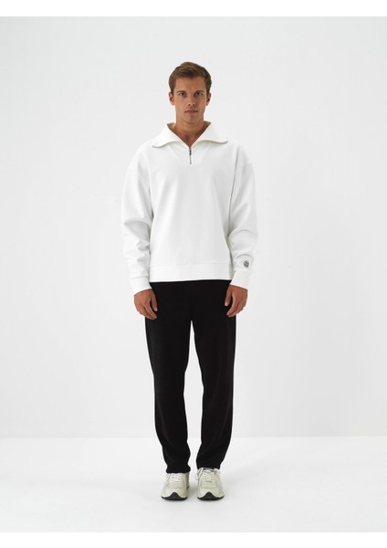 Erkek Ekru Pamuk Dokulu Oversize Sweatshirt